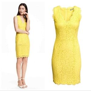 H&M Yellow Lace Fitted Midi v Neck Dress